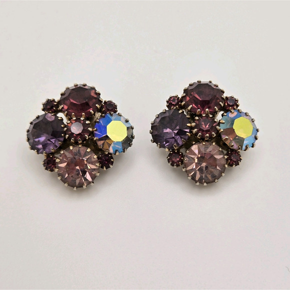 Vintage Earrings Purple Rhinestone Clip Ons Midcentury Glam Retro Cocktail Twee - Picture 1 of 11